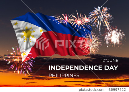 Sky with majestic fireworks and flag of Philippines 86997322