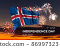 Sky with majestic fireworks and flag of Iceland 86997323