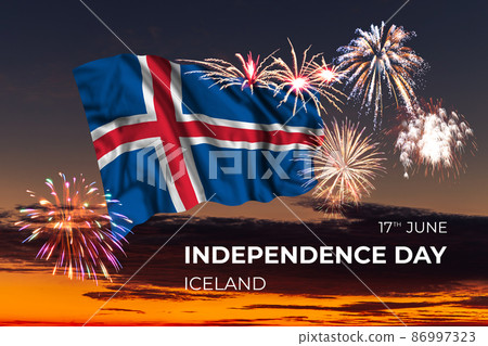 Sky with majestic fireworks and flag of Iceland 86997323