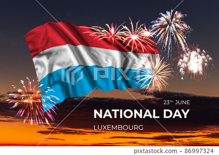 Sky with majestic fireworks and flag of Luxembourg Sky with majestic fireworks and flag of Luxembourg 86997324