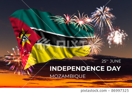 Sky with majestic fireworks and flag of Mozambique 86997325