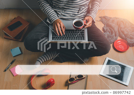 job search concept, Man working in computer searching for job online, HR, recruitment, career concept.. job search concept, Man working in computer searching for job online, HR, recruitment, career concept.. 86997742