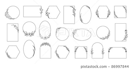 Floral frames. Minimalistic botanical borders with plant branches. Herbs and flowers. Calligraphy blossoms or leaves. Geometric outline elegant shapes. Vector decorative wreaths set 86997844
