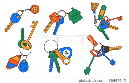 Keychains. Doodle key rings and pendants. Colorful latchkeys. Magnetic keyrings and NFC-tags. Isolated lock passkeys. Apartment door openers set. House protection. Vector security concept 86997845
