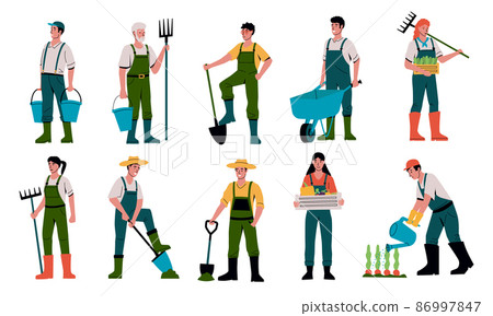 Farmer character. Agricultural workers with equipment working on farm and garden. Men digging ground or watering plants. Persons with buckets, shovels and rakes. Vector gardeners set 86997847