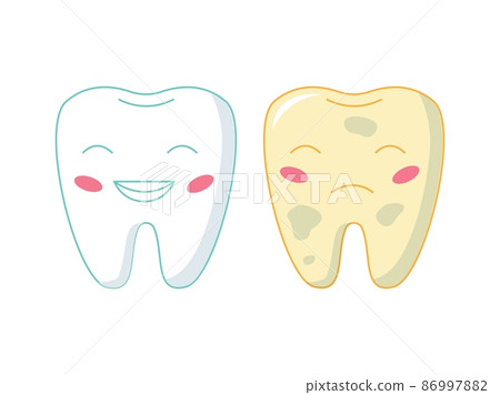 White and yellow tooth. Cartoon teeth characters before and after whitening. Happy healthy and sad bad molars with funny faces. Oral care. Dentistry and hygiene. Vector illustration 86997882