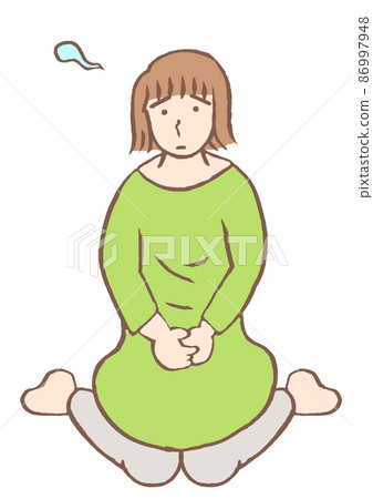 Illustration of a young woman who is exhausted and sits down 86997948
