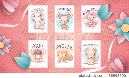 Set watercolor cartoon character animal Set watercolor cartoon character animal 86998200