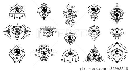 Mystic eyes. Esoteric and astrology tattoo symbol, occult alchemy amulet of human eye. Vector set symbols illustration mystical doodle religion 86998848