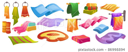 Blanket and rug. Cartoon kitchen and bathroom textile, cotton napkins, towels, handkrief rolled and in stacks. Vector set pattern decoration colorful isolated rugs,towel 86998894