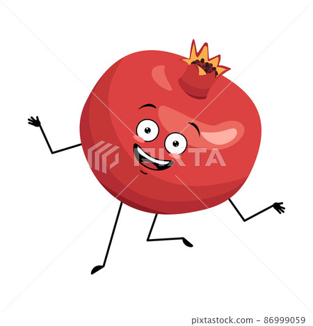 Pomegranate character with crazy happy emotion, joyful face, smile eyes, dancing arms and legs. Person with happy expression, red fruit emoticon. Vector flat illustration Pomegranate character with crazy happy emotion, joyful face, smile eyes, dancing arms and legs. Person with happy expression, red fruit emoticon. Vector flat illustration 86999059