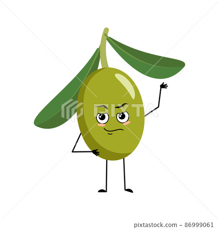 Olive character with emotions of hero, brave face, arms and leg. Person with courage expression, fruit emoticon. Vector flat illustration Olive character with emotions of hero, brave face, arms and leg. Person with courage expression, fruit emoticon. Vector flat illustration 86999061