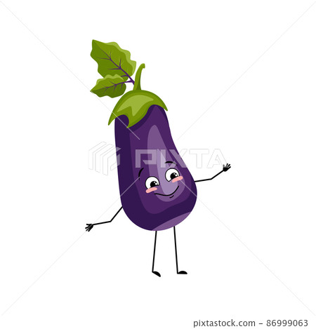 Eggplant character with happy emotion, joyful face, smile eyes, arms and legs. Person with expression, vegetable emoticon. Vector flat illustration Eggplant character with happy emotion, joyful face, smile eyes, arms and legs. Person with expression, vegetable emoticon. Vector flat illustration 86999063