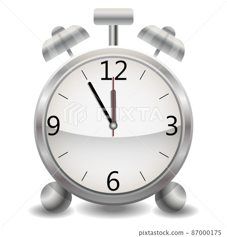 A metallic mechanical realistic alarm clock, a clock showing at five minutes twelve, midnight or lunch. 87000175