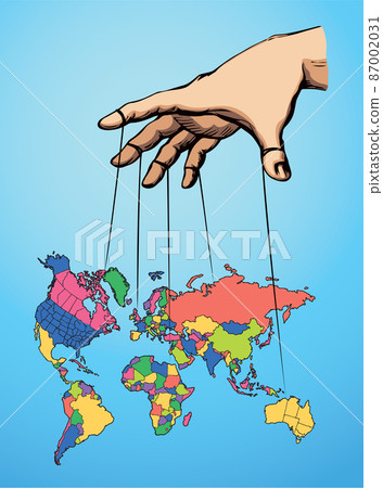 Man hand with a World map. Continents with contours of countries. Vector drawing 87002031