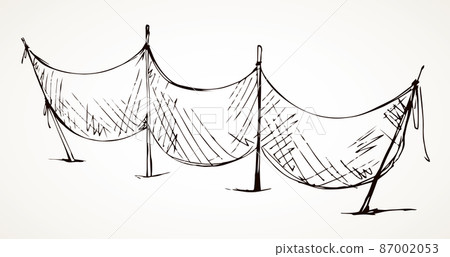The fishing net dries on the shore. Vector drawing 87002053