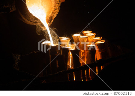 Industrial lost wax casting. The process of pouring for filling out ceramic shells with molten steel. 87002113