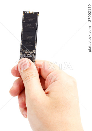 caucasian hand holding NVME M.2 SSD 2280 3Dnand SLC drive stick isolated on white 87002150