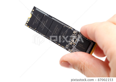 caucasian hand holding NVME M.2 SSD 2280 3Dnand SLC drive stick isolated on white 87002153