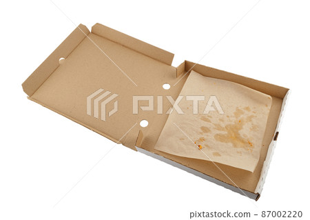 empty eaten opened pizza box isolated on white background 87002220