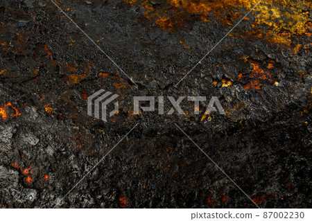 Bottom side of a cast iron pan with thicl layer of soot on it. Bottom side of a cast iron pan with thicl layer of soot on it. 87002230
