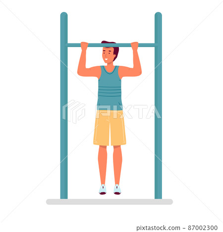 Man do workout on pull-up bar outdoor fitness lifestyle time vector illustration. isolated on white flat cartoon Man do workout on pull-up bar outdoor fitness lifestyle time vector illustration. isolated on white flat cartoon 87002300