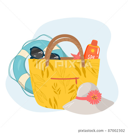 Female bag with beach accessories sun cream, sunglasses, hat, life buoy. Set of summer design elements. Can be used for vacation poster, beach party invitation, background, backdrop, sale promotion Female bag with beach accessories sun cream, sunglasses, hat, life buoy. Set of summer design elements. Can be used for vacation poster, beach party invitation, background, backdrop, sale promotion 87002302