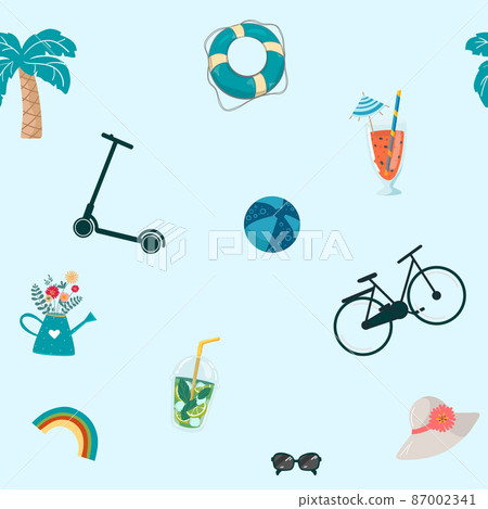 seamless summer pattern with hand drawn beach... - Stock Illustration ...