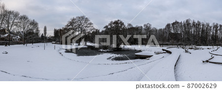 Extra large panoramic view of the Sobieski park in Brussels with snow in winter, Laeken, Belgium 87002629