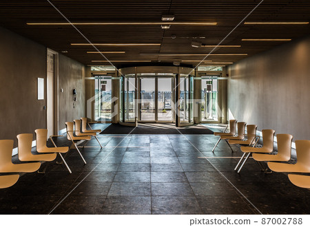 Auderghem, Brussels - Belgium - Hardboard chairs in an empty waiting room at the CHIREC hospital 87002788