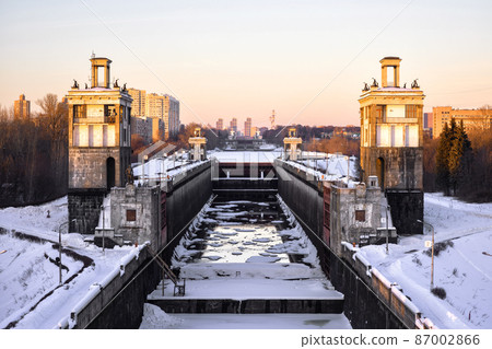 Floodgates on Moscow Canal at Moskva River in winter, Moscow, Russia 87002866