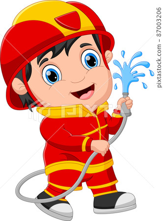 cartoon boy wearing firefighter costume cartoon boy wearing firefighter costume 87003206