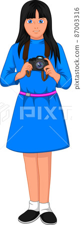 cartoon cute girl smiling and holding the camera cartoon cute girl smiling and holding the camera 87003316