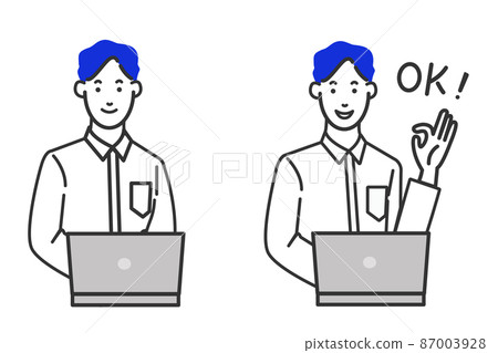 A line on a white background of facial expression variations of an engineer-like man sitting in front of a computer in an office casual wearing a shirt 87003928