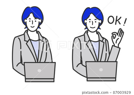 A simple illustration of a line drawing on a white background with a variation of facial expressions in which a business woman in a suit sits in front of a computer. 87003929