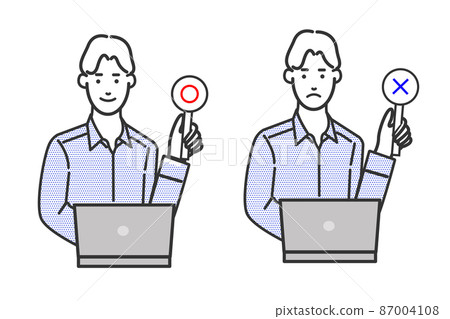 Facial expressions such as Marubatsu and Okay of an engineer-like man who sits in front of a computer in an office casual wearing a shirt 87004108