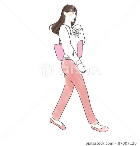 行走的女人水彩黑頭髮長 行走的女人水彩黑頭髮長 87007126