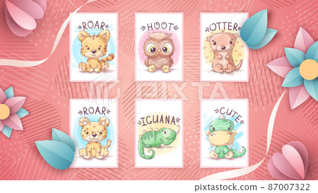 Set watercolor cartoon character animal Set watercolor cartoon character animal 87007322
