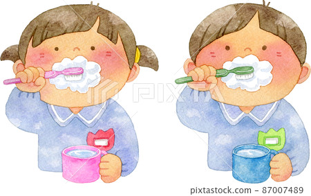 Illustrations of kindergarten children brushing their teeth 87007489