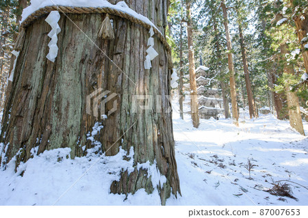 Haguroyama 在冬天陽光明媚的 Jijisugi 和五層寶塔山形縣 87007653