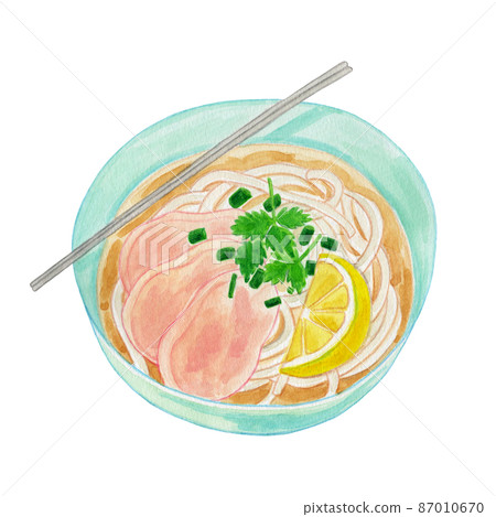Watercolor illustration of pho with lemon, coriander and chicken 87010670