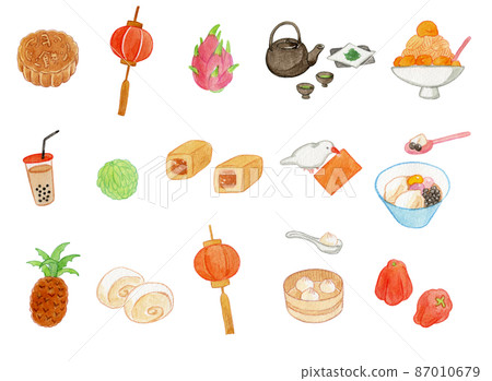 台灣美食和特色菜的水彩插圖集 87010679