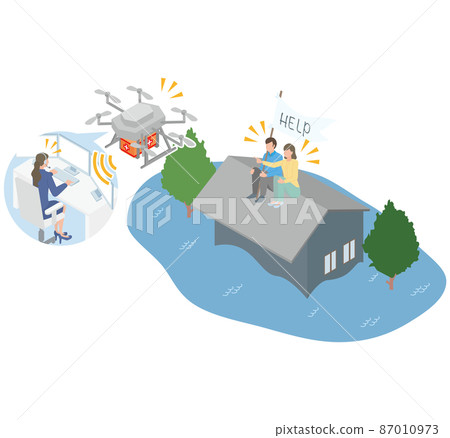 A drone that finds a person evacuating to the roof due to flooding of a house due to a disaster or flood 87010973