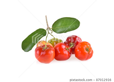 Acerola small cherry fruit with leaf isolated on white background. 87012916