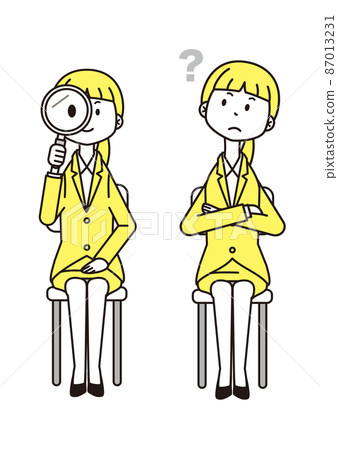 Female suit with outline, 2 colors, magnifying glass, questionable, seated Female suit with outline, 2 colors, magnifying glass, questionable, seated 87013231