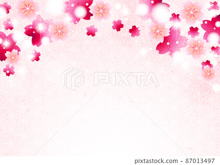 日本紙水彩風格淺桃麻葉櫻花閃光背景 87013497