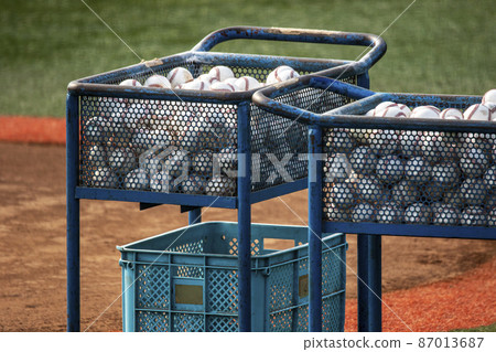 A ball (hard ball) placed on a cart for practice at a baseball stadium A ball (hard ball) placed on a cart for practice at a baseball stadium 87013687