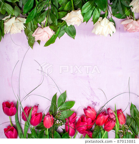 Spring summer border template floral background. Light air delicate artistic image, free space. 87013881