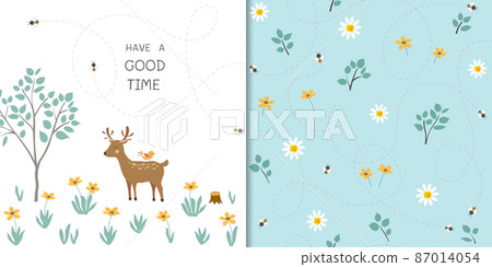 Set of cartoon cute flying bees and deer animals happy on flowers garden with seamless pattern 87014054