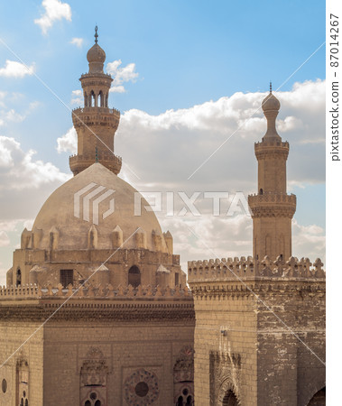 Minarets and domes of Sultan Hassan Mosque and Al Rifai Mosque, Cairo, Egypt 87014267
